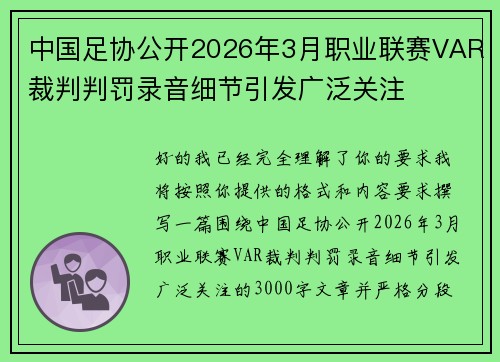 中国足协公开2026年3月职业联赛VAR裁判判罚录音细节引发广泛关注
