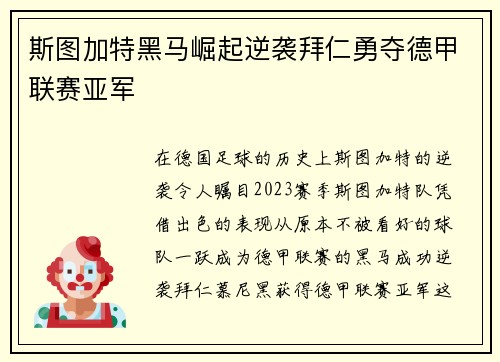 斯图加特黑马崛起逆袭拜仁勇夺德甲联赛亚军