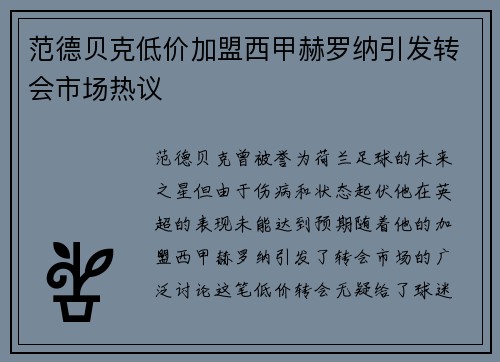 范德贝克低价加盟西甲赫罗纳引发转会市场热议