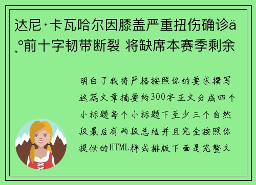 达尼·卡瓦哈尔因膝盖严重扭伤确诊为前十字韧带断裂 将缺席本赛季剩余所有比赛